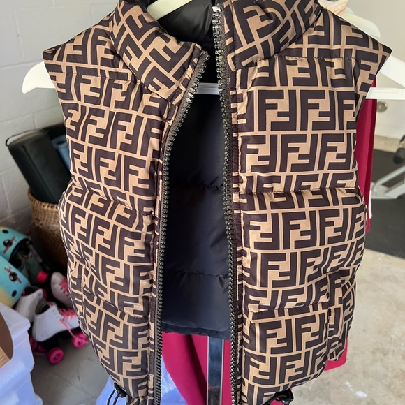 Fendi Other - Fendi Brown & Black FF Logo Puffer Vest - Kids